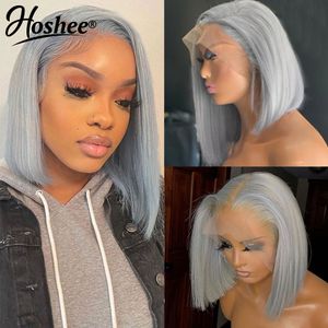 Silver Grey Short Human Hair Wigs For Women Glueless Bob 13x4 Transparent Lace Frontal Wig Straight Brazilian Wig