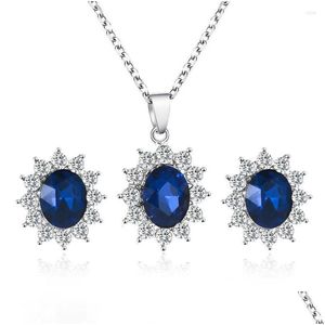 Earrings Necklace Set Queen Royal Ocean Blue White Crystal Rhinestones Zircon Pendant Chain Drop Delivery Jewelry Sets Dhgarden Dhepz