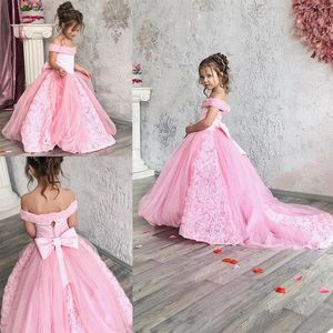 Flower Girl Dresses For Wedding Off Shoulder Lace Floral Tiered Skirts Girls Pageant Dress A Line Kids Birthday Gowns3314