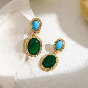 Серьги с серьгами aensoa Vintage Blue Green Stone Drop для женщин текстурированный золотой цвет металлический геометрический двухтон