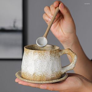 Canecas Caneca de café vintage exclusivo estilo retrô japonês copos de cerâmica com colher e pires padrão irregular copo de café da manhã criativo