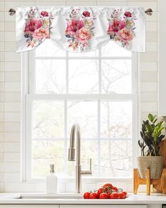 Curtain Peony Flower Leaves Window Living Room Kitchen Cabinet Tie-up Valance Rod Pocket