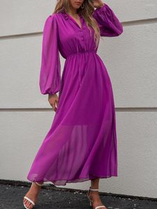 Casual Dresses Women Fall V Neck Solid Color Long Sleeve High midje Purple Tie Dress for Ladies Fashion All Match
