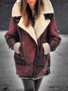 Casaco de couro sintético feminino vintage de inverno com lapela de pele sintética com zíper solto sólido manga longa jaqueta feminina Lugentolo HKD230808
