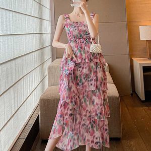 Maternity Dresses CARECODE Summer Chiffon Floral Printed Maternity Dress Spaghetti Strap Pleated Ruffle Vacation Beach Long Pregnancy Party Dress HKD230808