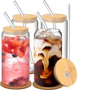 Melhores produtos eua/ca copo de vidro transparente de 16 onças para chá e café copo de sublimação com tampas de bambu e canudo de vidro