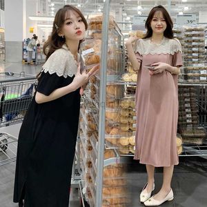 マタニティドレス8831＃2023夏の韓国ファッションレースパッチワークマタニティロングドレス妊婦のためのゆるいストレートストレート服甘い妊娠hkd230808