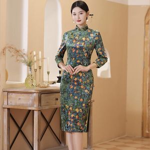 Ethnic Clothing Chinese Traditional Velvet Qipao Dress Autumn Winter Elastic Velour Medium Cheongsam 3/4 Sleeves Evening Party Gown Plus