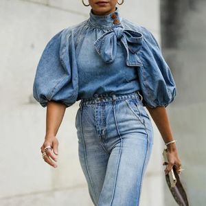 Women's Jackets Blue Denim Top Summer Bubble Sleeve Button Lace-up Y2K Clothing Fashion Casual Elegant Short Jacket for Street Ladies 230807