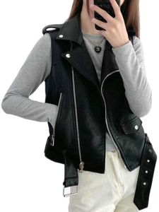 Women's Leather Faux 2023 Women Motorcycle High Quality Solid Black Waistcoats Belt Female Street Zipper PU Sleeveless Jacket Vests Tops HKD230808