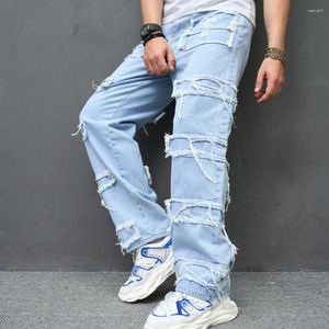 Mäns jeans 2023 män stilfulla hiphop rippade lapp raka löst byxor streetwear manlig solid casual denim byxor