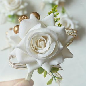 Flores decorativas 1 peça casamento dança festa decoração dama de honra irmãs pulso corsage rosas de seda branca corpete flor de lapela para convidados