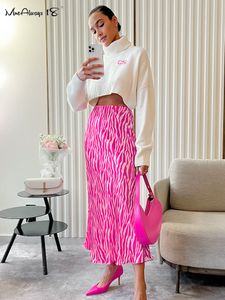 Skirts Mnealways18 Elegant Women Zebra Printing Skirts Women Pink High Waist A-Line Skrits Office Ladies Satin Flowing Midi Skirts 230808