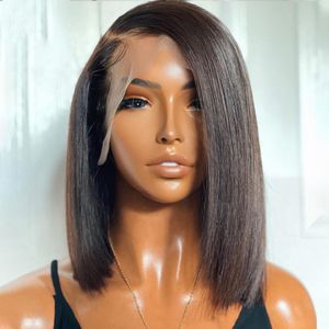 Brazilian Straight Human Hair Wigs 180 Density Transparent T Part Lace Remy Human Hair Frontal Wigs for Women PrePlucked Natural