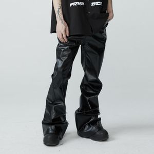 Men's Pants Casual Slim Fit Slimming Versatile Heavy Crack PU Leather All-Match And Women's Designer Street Black