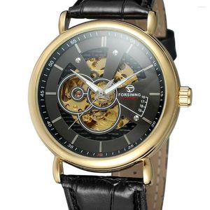 Relógios de pulso FORSINING Fashion Trend Casual Men Women Business Watch Black Dial Gold Case Strap Noble Simple Automático Mecânico