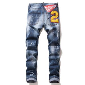 Mäns jeans trasiga splattade färg Män Slim Fit Broken Emblem Elastic Jeans Vintage High End Men's Pants