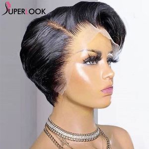 Synthetic Short Pixie Cut Wig Remy Straight Brazilian Human Hair Sale Transparent T Part Lace Bob Wigs for Black Women Pre Plucked 230808