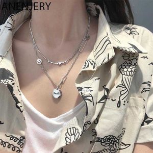 Anenjery Silver Color Star Smiling Face Round Disc Letter Pendant Necklace Thai Silver Necklace for women men Jewelry s-n659 l230620