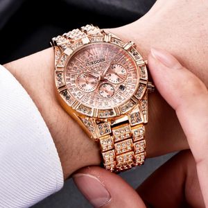 Handbandsur Mäns lyxverksamhet Quartz Watch Fashion Bussiness Steel Belt Calender full av diamanter handled