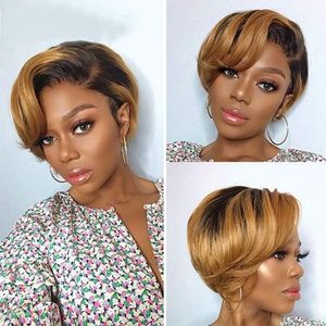 Synthetic Wigs Short Pixie Cut Wig Human Hair Wigs Straight Bob Wigs With Bangs Full Machine Human Hair Wig for Black Women Black Ombre 230808