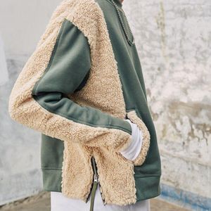 Moletons masculinos outono e inverno casual bainha ventosa zíper duplo lã de cordeiro costura espessamento gola redonda suéter pulôver