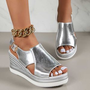 Złote srebrne skórzane sandały klinowe dla kobiet 2023 Summer Peep Platforma Sandles Woman Plus Size Grube Sandalias Mujer 230807
