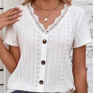 Kvinnor BLOUSES Fashion Hollow V-hals Lace White Blue Women Vintage Button-Up Short Sleeve Casual Shirt Summer 2023 Loose Tops 28325