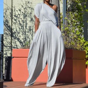 Calças femininas de duas peças conjunto feminino moda um ombro sólido sem mangas com vazamento nas costas conjuntos de pernas largas largas roupas de rua