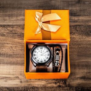 Zegarek 2PC/zestaw modny zegarki Zestaw pudełka prezentowego kwarcowe zegarek dla mężczyzn luksusowa bransoletka męska zegar prezenty świąteczne