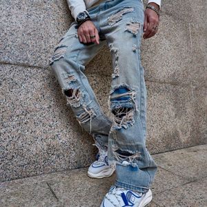 Jeans da uomo blu chiaro lavato strappato retrò casual alla moda pantaloni larghi in denim a gamba larga pantaloni dritti invecchiati alla moda giovanile