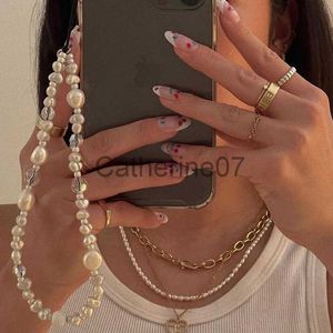 Pendant Necklaces White Pearl Phone Charm Baroque Irregular Simulated Pearl Crystal Glass Beaded Mobile Phone Chain Women Wristlet String Keychain J230809