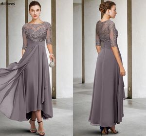 Fall Gray Chiffon A Line Line of the Bride Dresses Elegant Lace Severiques Womed Womed Party Party with 3/4 Long Sleves Length Length Wedding Guest Dress Cl2692