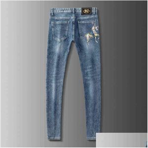 Men'S Jeans Spring Summer Brand Mens Elastic Korean Version Slim Fitting Feet Golden Horse Printed Blue Pants Drop Delivery Apparel Cl Dhkeg