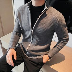 Suéteres masculinos primavera outono cor contraste manga comprida suéter com zíper cardigan masculino jaqueta de gola de beisebol fino casual casacos de malha