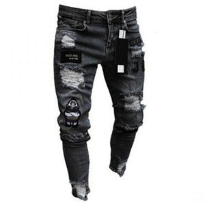 Jeans Masculino Masculino Stretchy Rasgado Skinny Biker Bordado Com Estampa De Desenho Animado Jeans Destroyed Hole Slim Fit Denim Alta Qualidade Hip Hop Jeans Preto 230808