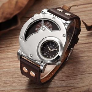 Oulm Fashion Silver Case Relógios Masculinos Dual Fuso Horário Couro PU Relógio de Pulso Esportes Casual Relógio Masculino Relogio Masculino Wristw217W