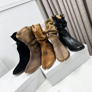 Tabi Westernstiefel mit geteilter Zehenpartie, Lammleder, spitze, klobige Blockabsätze, modische Stiefeletten, Damen-Luxus-Designer-Kleid, Partyschuhe, Fabrikschuhe, beige, schwarze Stiefeletten