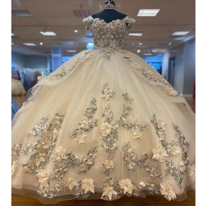 Luxury Beige Princess Ball Gown Sweetheart Quinceanera Dress 3D Flower Applique Birthday Party Sweet 16 Vestidos De 15 Anos