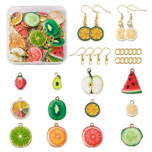 Acrylic Plastic Lucite 144pcs Box DIY Fruit Theme Earrings Making Kits with Alloy Enamel Pendants Brass Earring Hooks Close but Unsoldered Jump Rings 230809