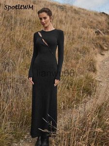 Basic Casual Dresses Black Full Sleeve Oneck Irregular Long Dresses Women Slim Fit Chest Button Decor Maxi Dress Female Casual Fashion streetwear J2308009