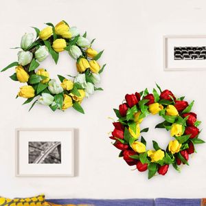 Decorative Flowers 1/2pc 39cm Silk Tulip Flower Wreath Red Yellow Blooms Green Leaf Refined Door Hanging Home Wall Art Wedding Birthday