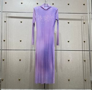 European fashion brand Sparkling Diamond Purple gradient printed double layer mesh long sleeved dress