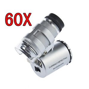 Partihandel 60x Mini Microscope Handhållen förstoringsglas smycken förstorar med LED UV Light Loupe Lens Pocket Jeweler Loupe Leather Pouch