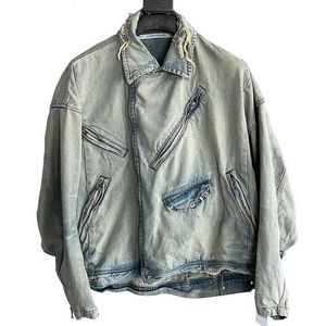 Giacche da uomo Gothic Irregular Zipper Washed Distressed Denim Jacket Uomo Vintage Jeans larghi Cappotto Streetwear High Street Fashion Top 230809