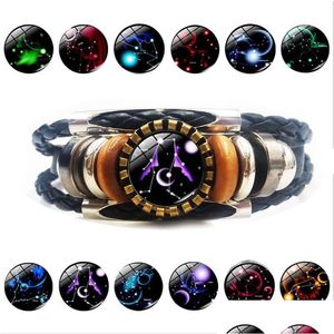 Charm Bracelets Mais recente 12 Signo do Zodíaco Pulseira Para Mulheres Homens Vintage Horóscopo Hobby Mti Em Camadas Couro Envolto Pulseira Moda Jóias D Dhmxk