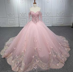 Pink Off Shoulder Long Sleeve Quinceanera Dresses Gillter Sequins Beaded Butterfly Chapel Train Corset Vestidos de lujo