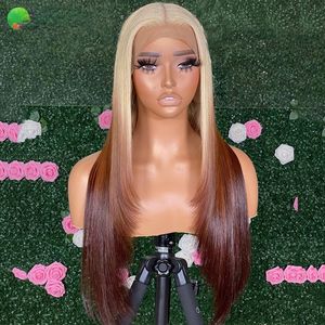 Peruvian Hair 250% Bone Straight Brown Ombre Blonde Wigs Lace Front Wig Colored 13x4 Transparent Lace Frontal Wig For Women