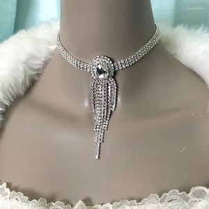 Choker Luxury Rhinestone 3 Rows Big Oval Long Tassel Chain Necklace Dinner Jewelry For Women Crystal Geometric Collar