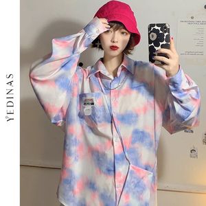 Kvinnors blusar skjortor Yedinas Spring Tie Dye Long Sleeve Shirt Kvinnor Top and Blue Button Up Korean Style Shirts Chic Loose Bluses Female Plus Size 230808